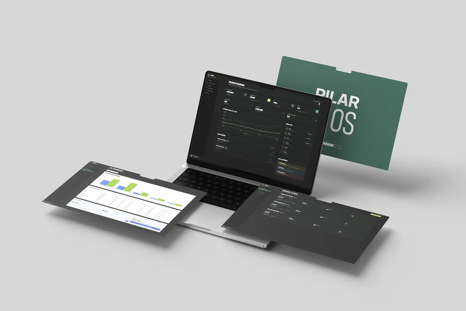 Pilar OS interface concept shown on a laptop with reporting panels