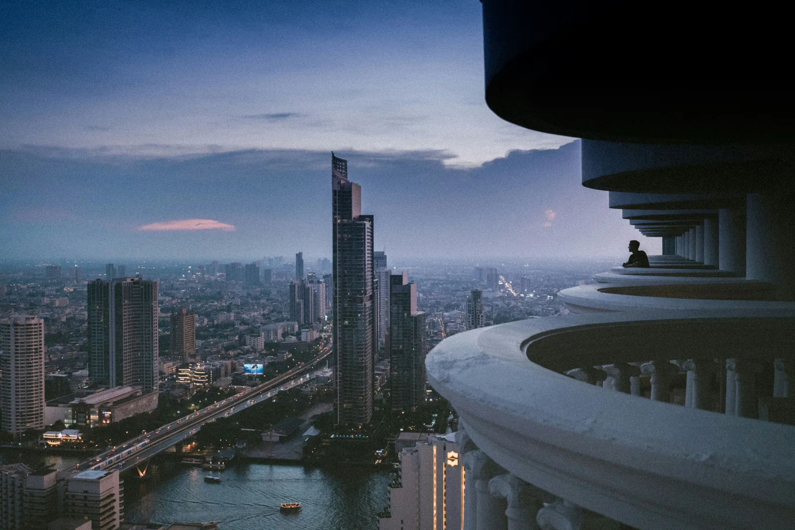 Bangkok skyline and the Chao Phraya River at dusk