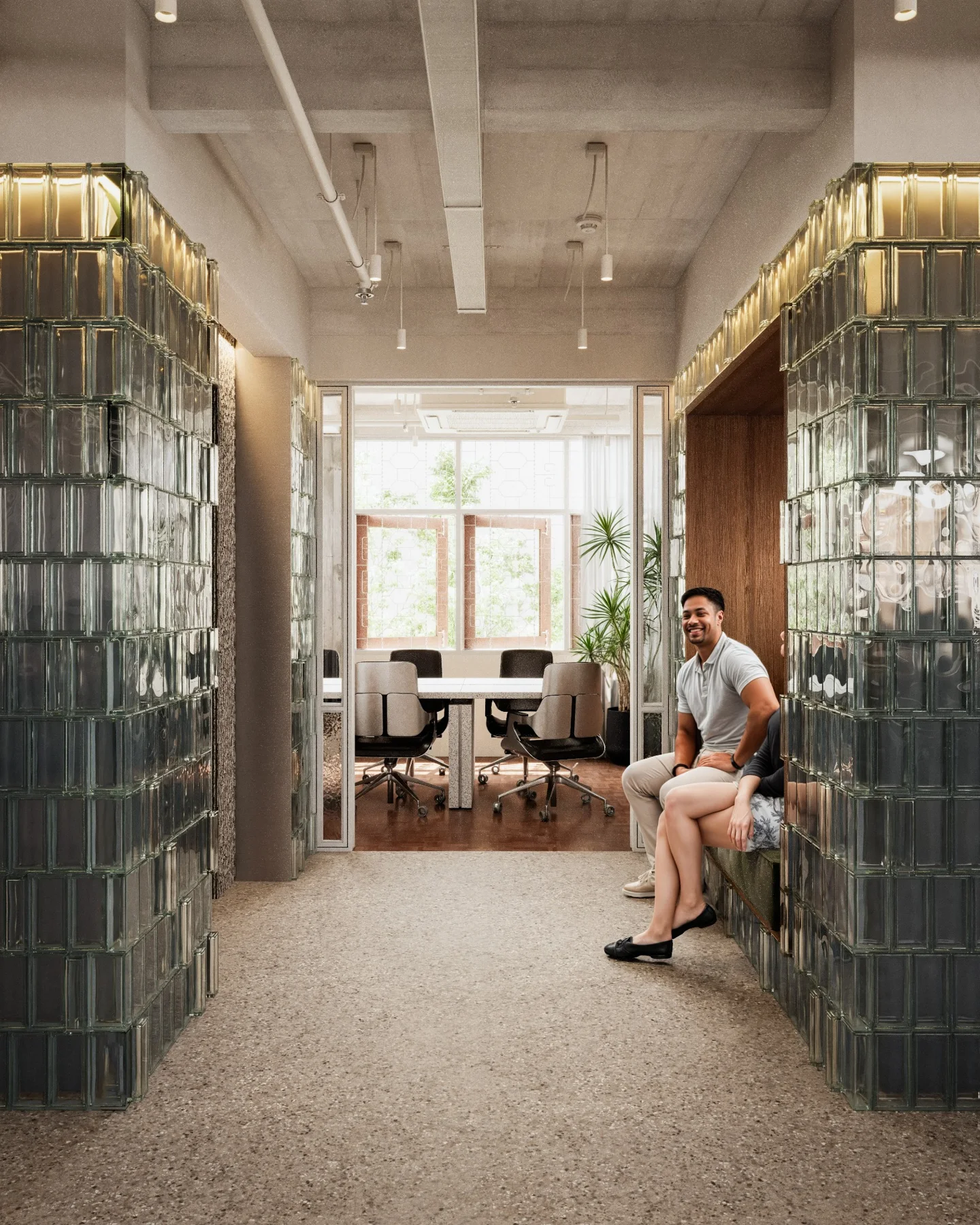 Architectural visualisation of the glass-block partitions and meeting area.