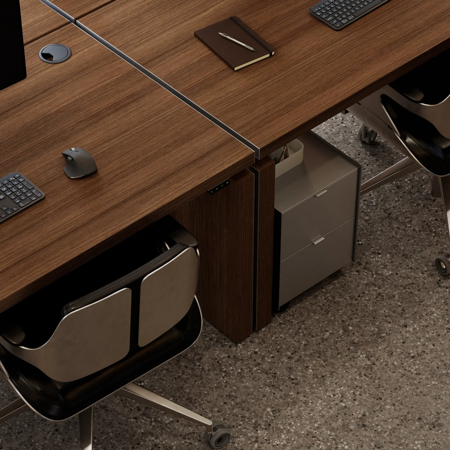 Architectural visualisation showing wooden desk surfaces and office chairs.