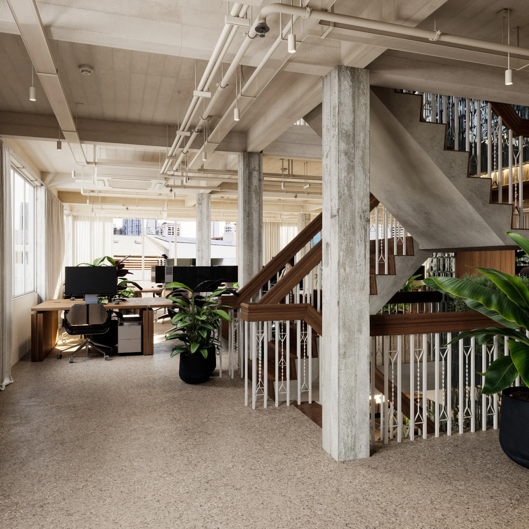 Architectural visualisation of the Bangkok office with exposed concrete, wooden desks and glass-block partitions.